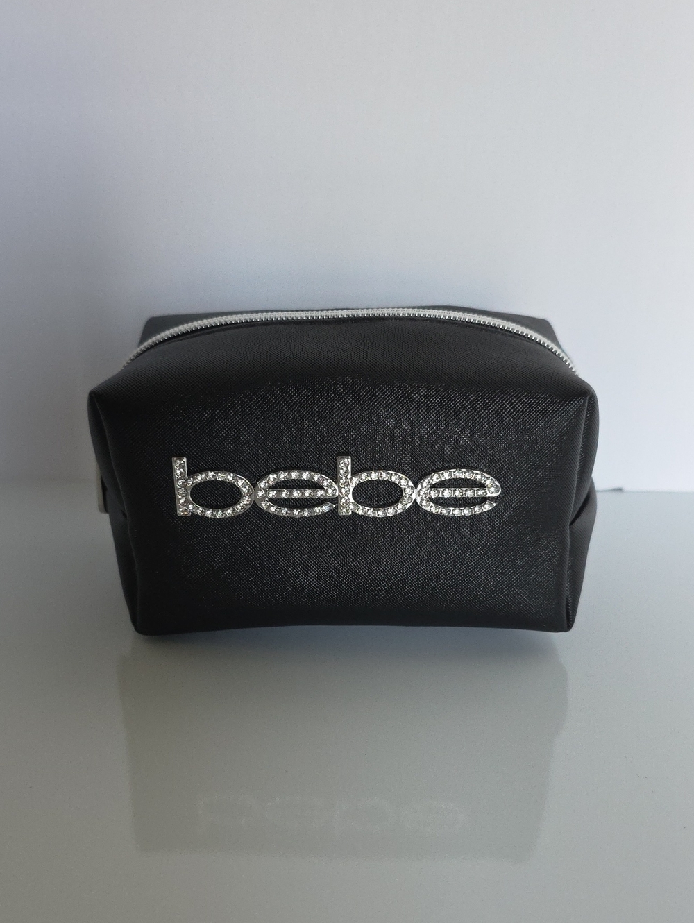 bebe Black Rhinestone Logo Cosmetic Pouch